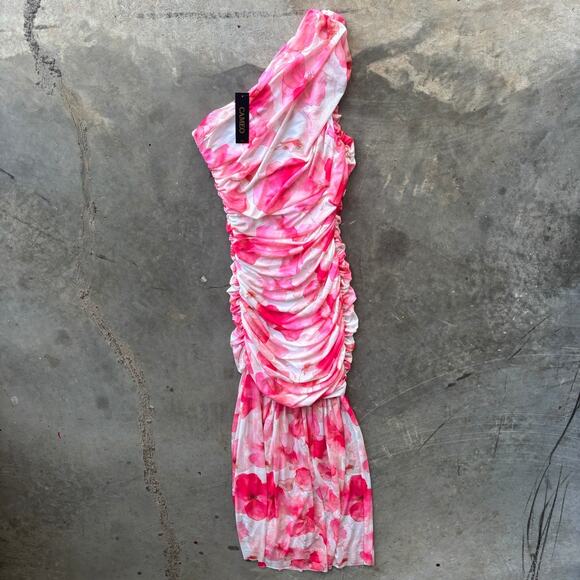 Cameo Ruched Mesh One Shoulder Maxi Dress Women's L Fuschia Floral Print - Picture 9 of 12